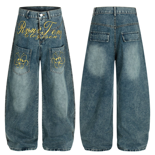 Women's RyntFeng Toysen Gold Script Floral Embroidery Balloon Wide Leg Denim Jeans - Blue Side View 2