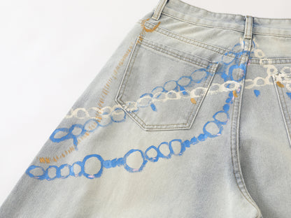 Graphic Chain Print Wide Leg Baggy Jeans Washed Denim High Waist Streetwear Y2K Casual Pants