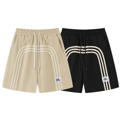 UNS Store Rainbow Arch Triple Stripe Drawstring Shorts Twill Wide Leg Streetwear Casual Shorts