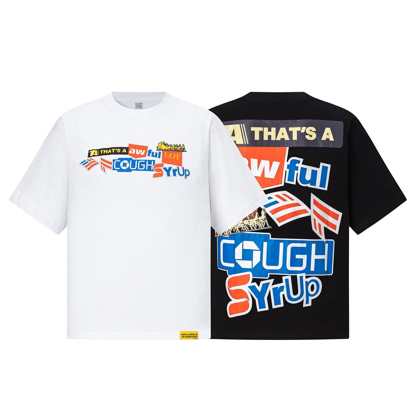 Adult graphic print crew neck T-shirt shown in black and white with colorful Cough Syrup typography - view 16