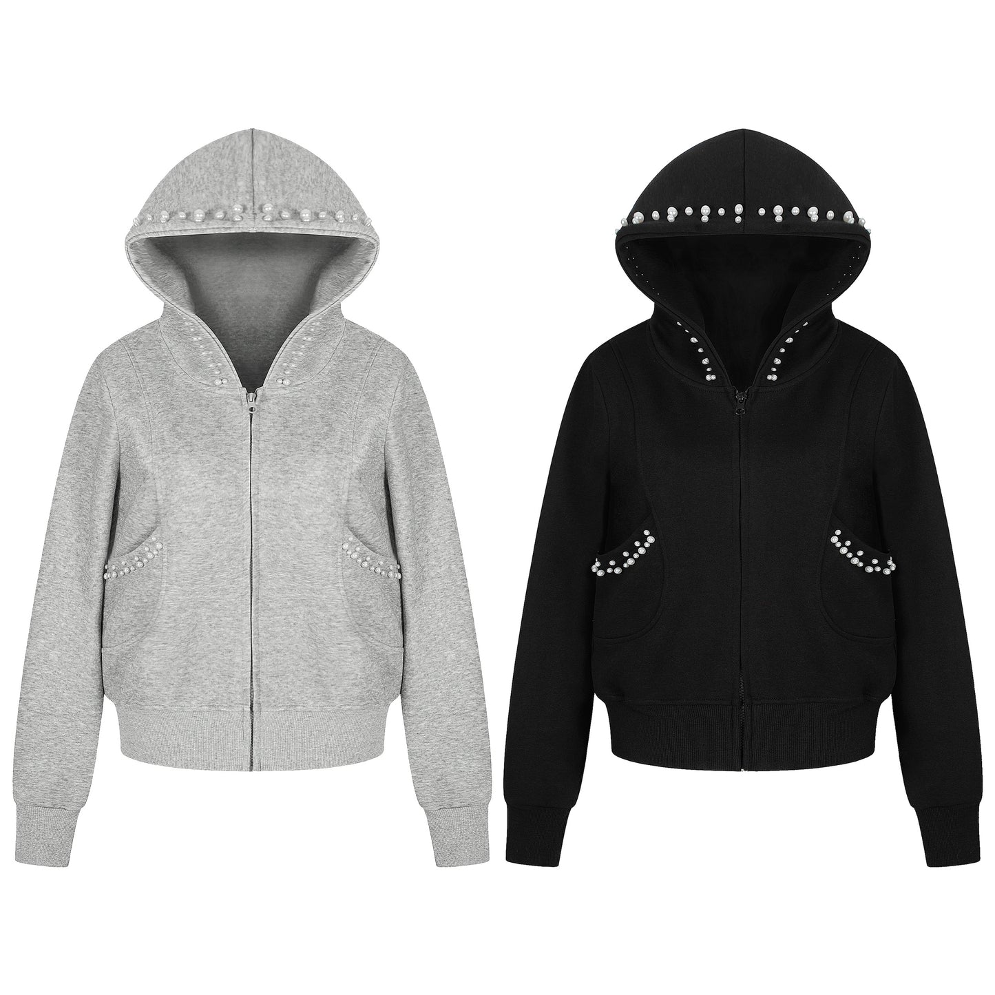 Women's RvntTeng Pearl Studded Hood Pocket Zip Hoodie - Grey & Black Side View