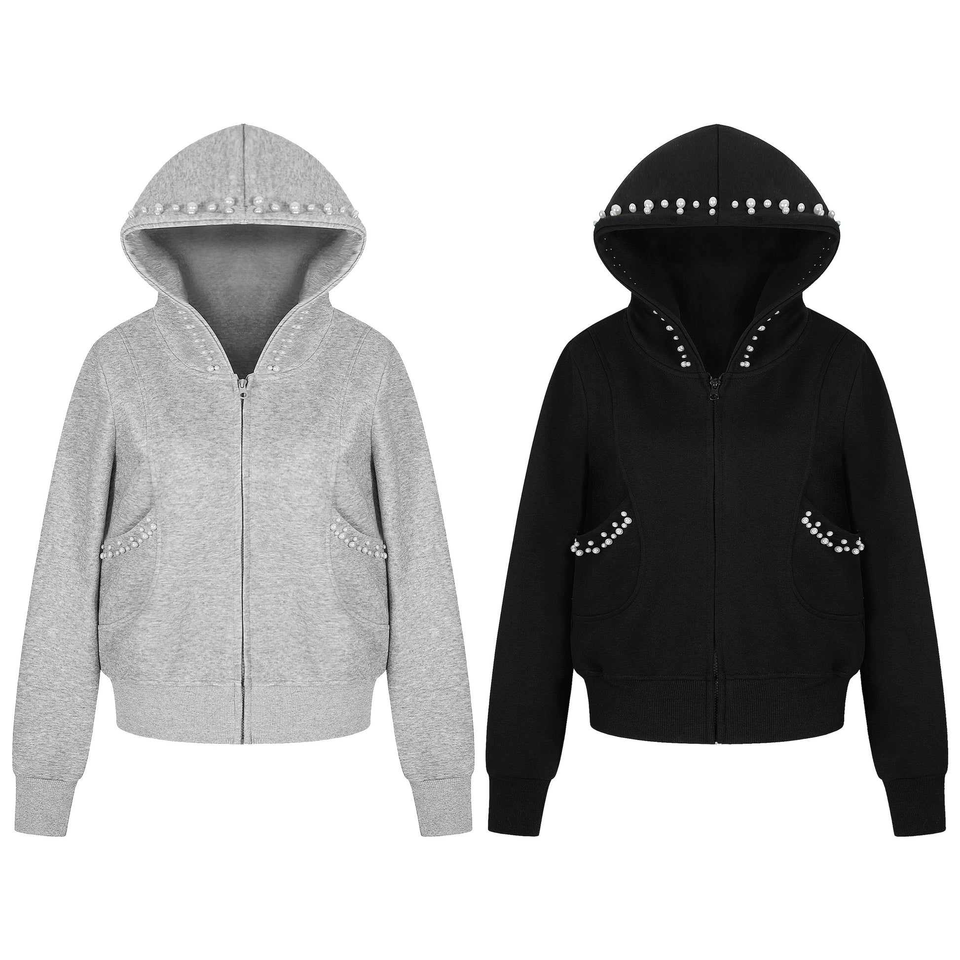Women's RvntTeng Pearl Studded Hood Pocket Zip Hoodie - Grey & Black Side View
