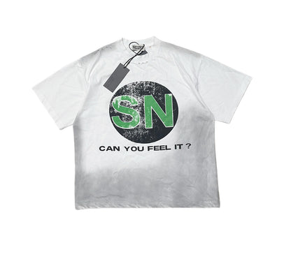 Satoshi Nakamoto SN Circle Logo Can You Feel It Tee Off-White 280g Washed Distressed Torn Collar Raw Edge Streetwear | SN Feel It Tee