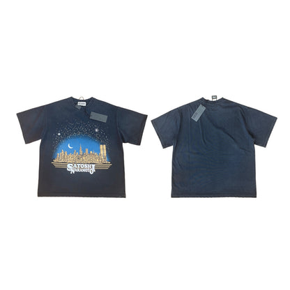 Satoshi Nakamoto NYC Skyline Moonrise Short Sleeve Tee Washed Navy 300g Heavy Stone Wash Cracked Print Streetwear | NYC Moonrise Tee