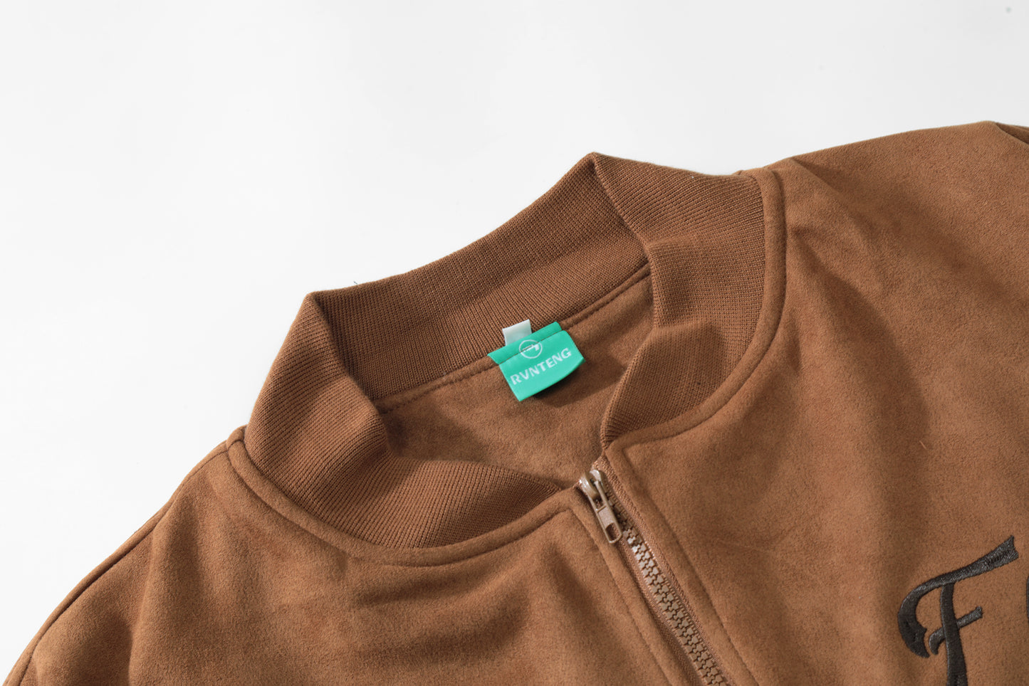 Oversized FLN Letter Embroidery Bomber Jacket Zip Up Suede Texture Streetwear Casual Fall Outerwear