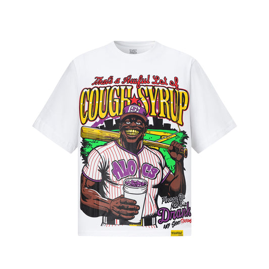 White oversized graphic T-shirt with colorful cough syrup and baseball player front print - view 16