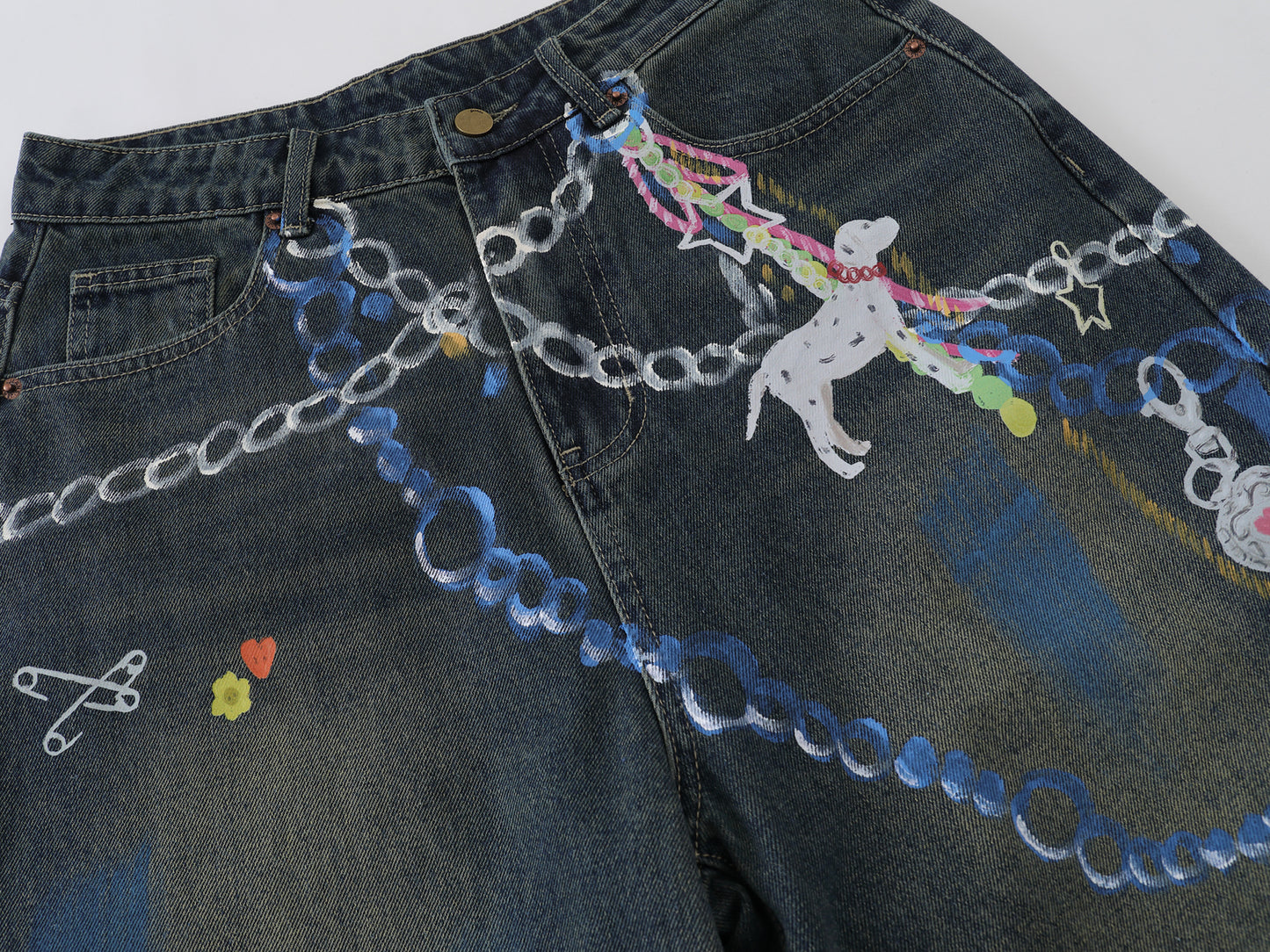 Chain Graphic Print Denim Shorts Wide Leg High Waist Washed Dalmatian Dog Charm Streetwear Summer Casual Jean Shorts | Chain Pup