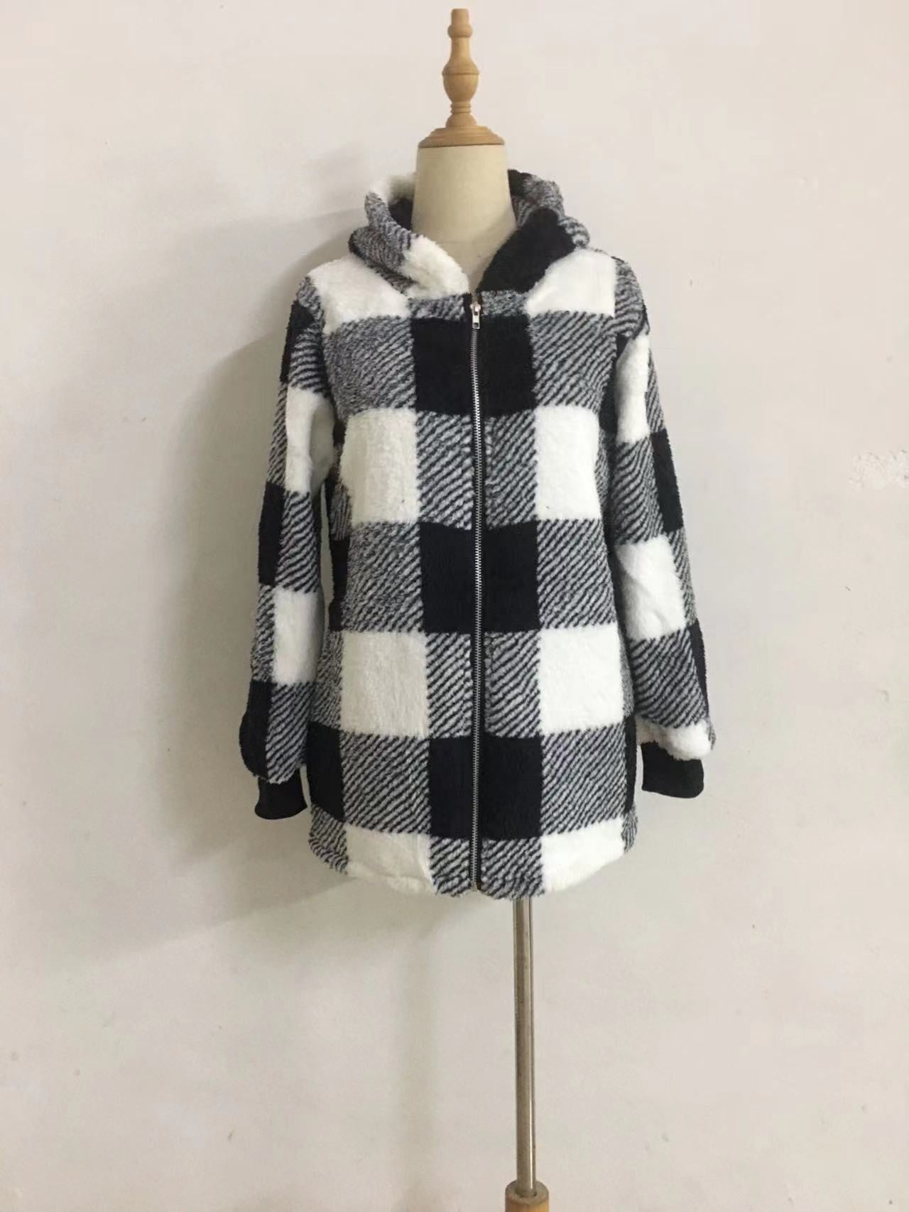 Europe and America plush women's outer 2024 new Amazon long sleeve plaid hooded zipper pocket loose outer