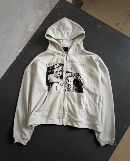 Enfants Riches Deprimes ERD I Still Have Hope Zip Hoodie Madonna Cross Patch Washed Heavyweight Cotton Oversized Zip-Up Streetwear Sweatshirt | Still Hope