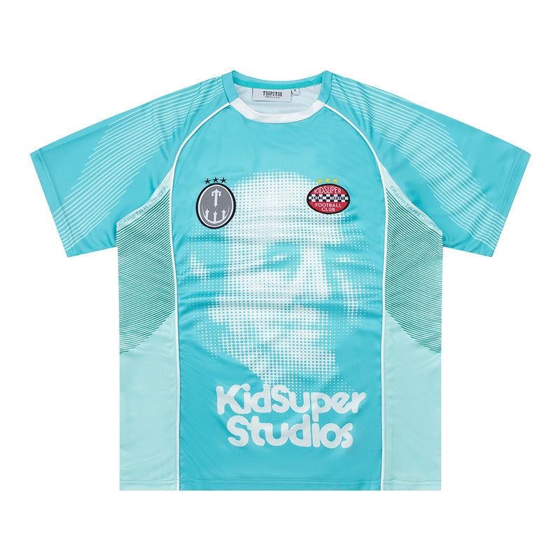 Turquoise Trapstar graphic football jersey with KidSuper Studios artwork and contrast striped panels - view 16
