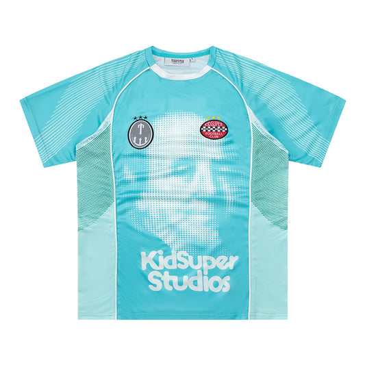 Turquoise Trapstar graphic football jersey with KidSuper Studios artwork and contrast striped panels - view 16
