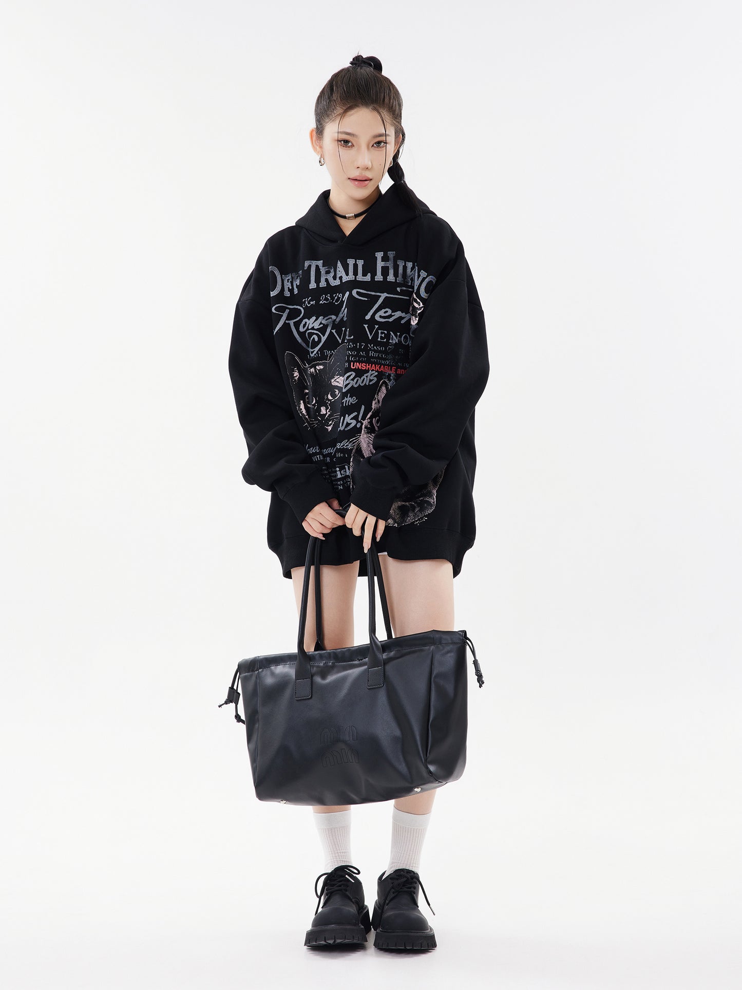 Off Trail Hiking Rough Terrain Dual Cat Newspaper Graphic Oversized Hoodie Streetwear Y2K Sweatshirt