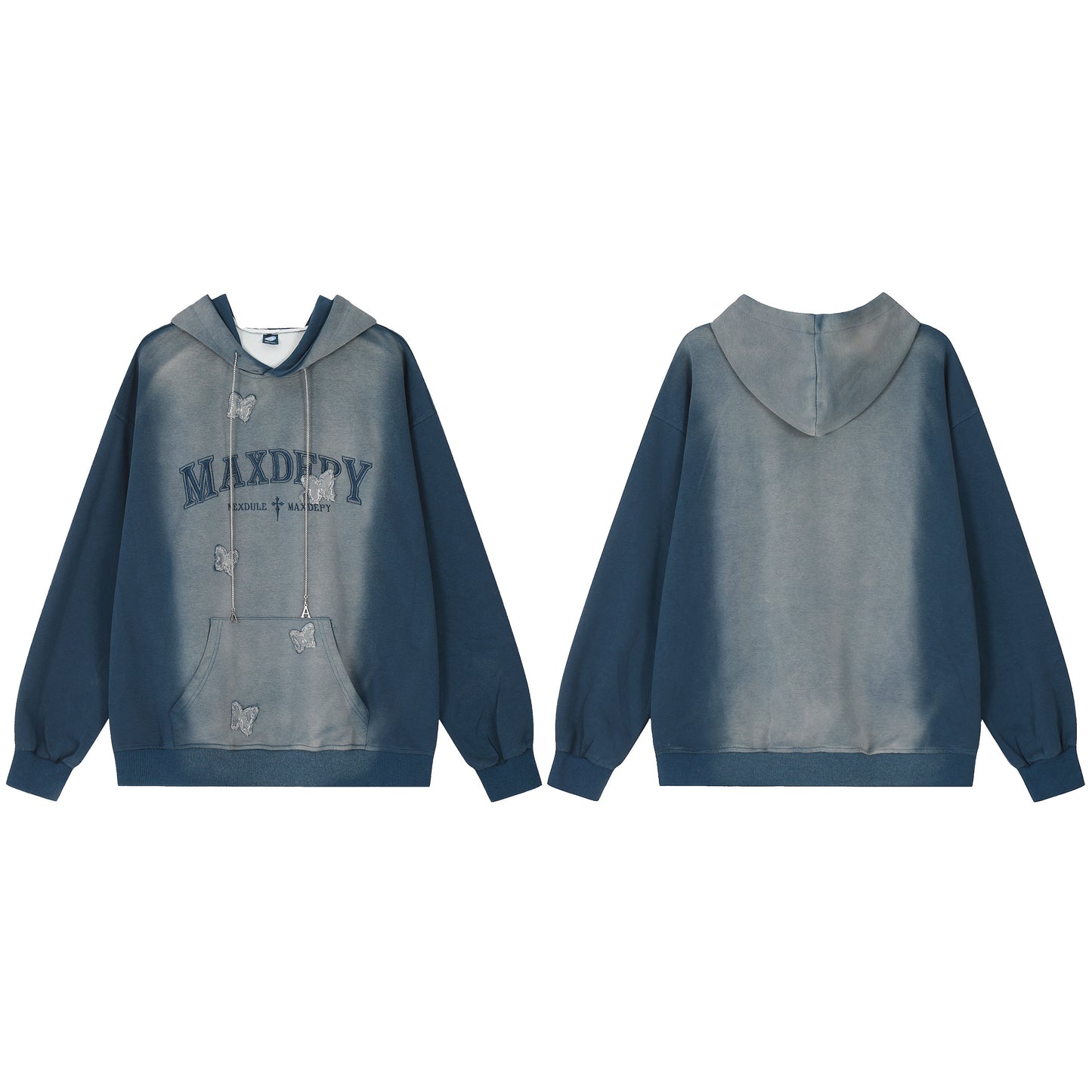 Maxdefy Butterfly Washed Hoodie Blue Front Back View