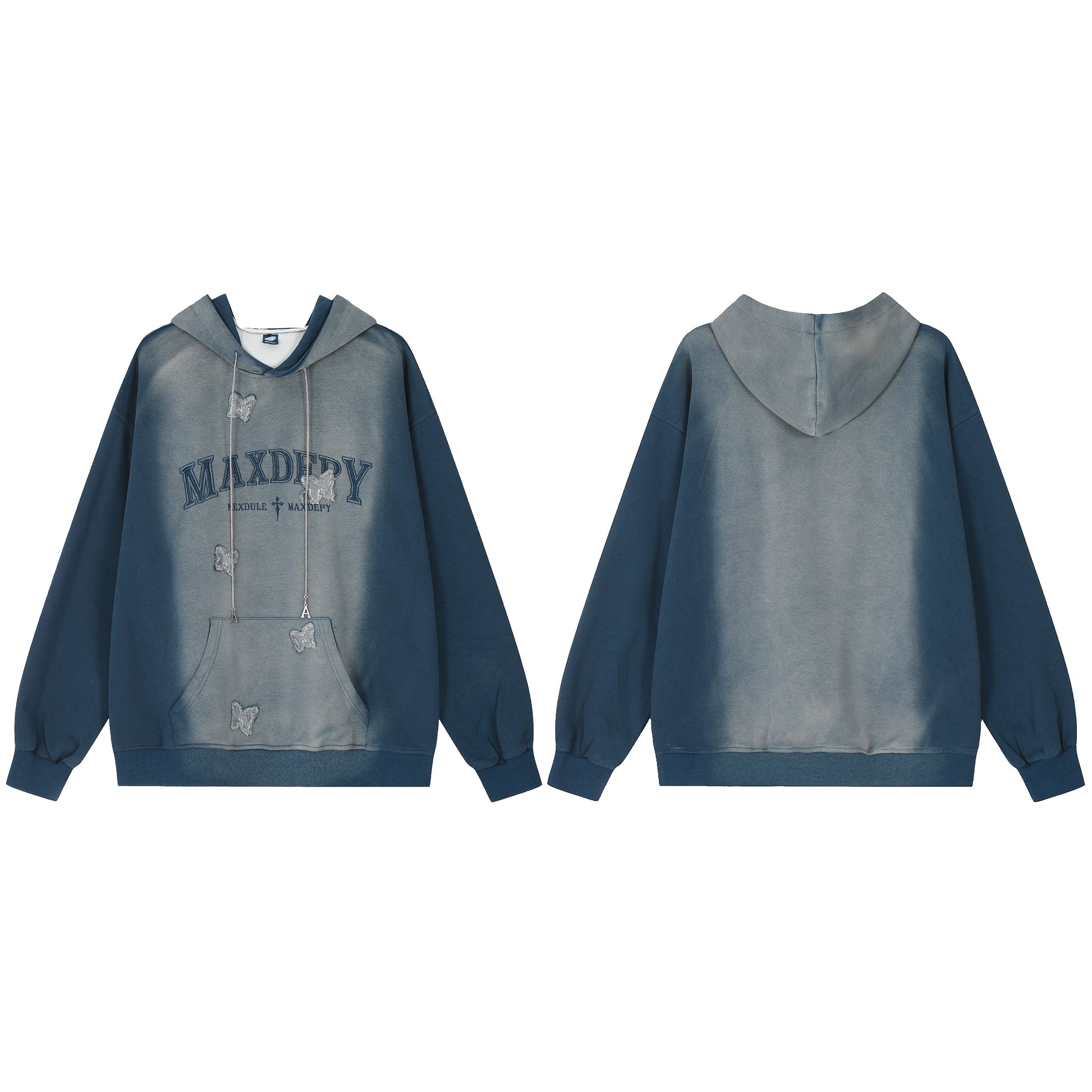 Maxdefy Butterfly Washed Hoodie Blue Front Back View