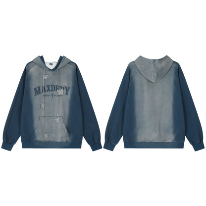 Butterfly Patch Embroidery Chain Drawstring Washed Hoodie Oversized Streetwear Y2K Grunge Casual Fall Winter Pullover Sweatshirt | Dusk Drift