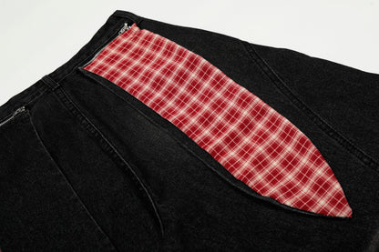 Women's Rvnteng Plaid Star Applique Patch Balloon Wide Leg Denim Jeans High Waist Vintage Wash Y2K Streetwear Baggy Jean Pants