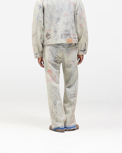 Represent Sketch Allover Print Wide Leg Jeans Heavy Washed Distressed Ripped Raw Hem Straight Denim | Rept Wide