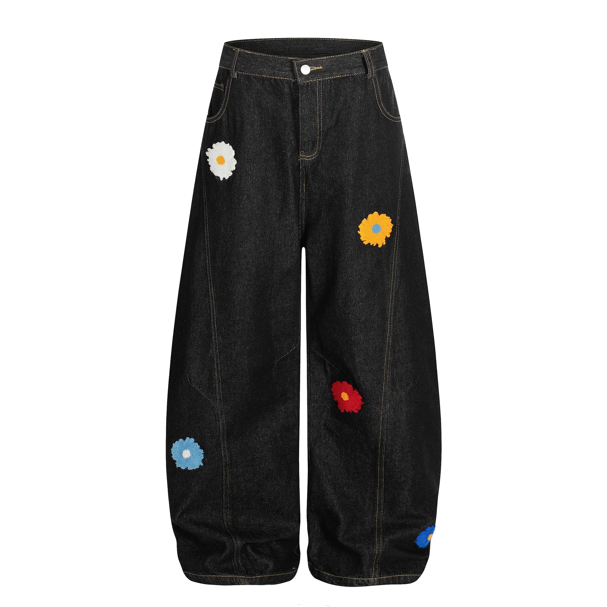 Women's Multicolor Daisy Floral Embroidery Balloon Wide Leg Denim Jeans - Black Front View