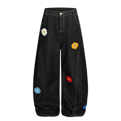 Women's Multicolor Daisy Floral Embroidery Balloon Wide Leg Denim Jeans High Waist Y2K Streetwear Baggy Jean Pants