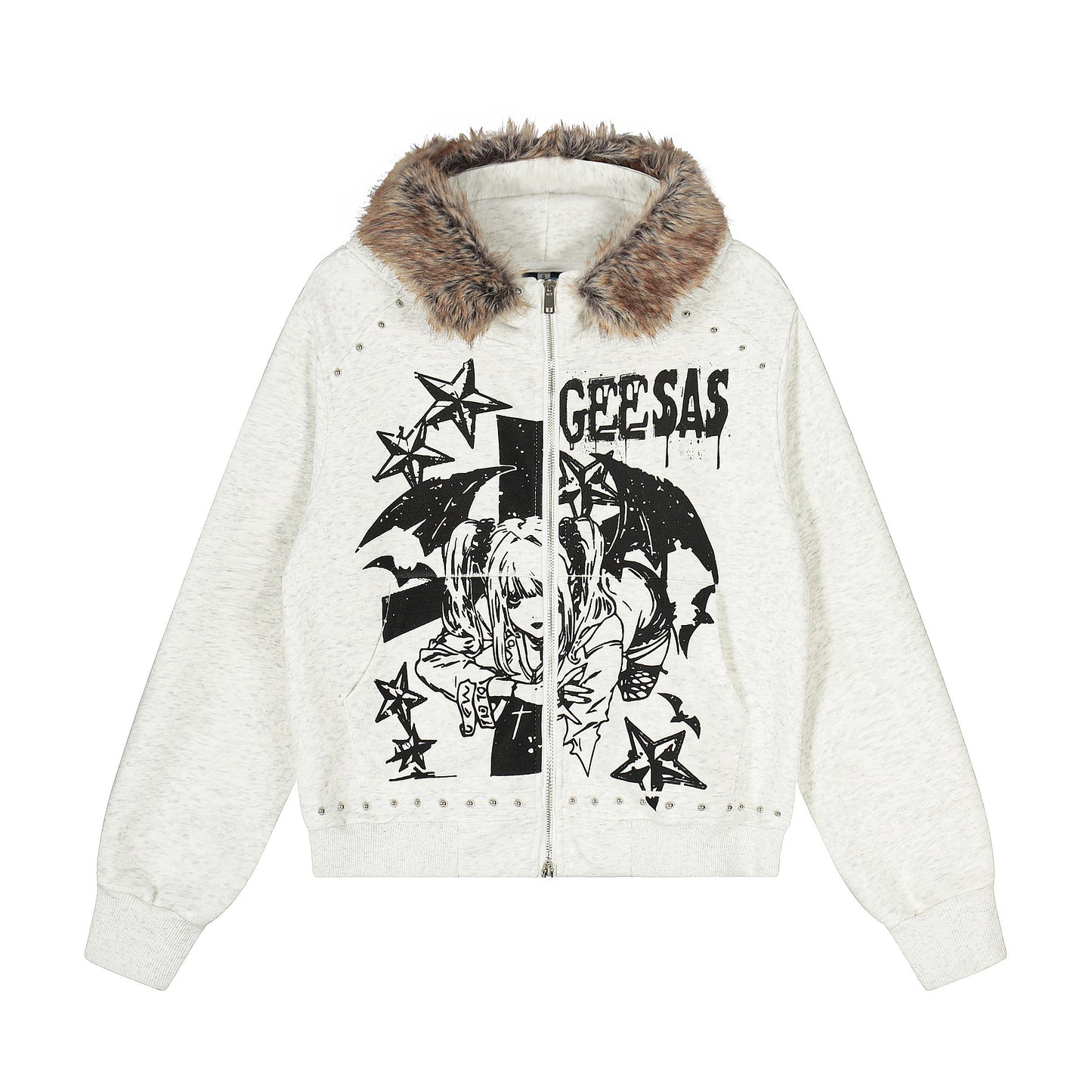 Anime graphic faux fur collar zip hoodie jacket - size chart