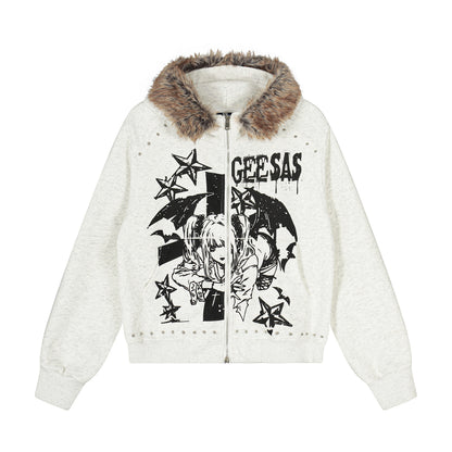 Anime Graphic Faux Fur Collar Zip Hoodie Jacket Studded Streetwear Y2K Grunge Winter Coat