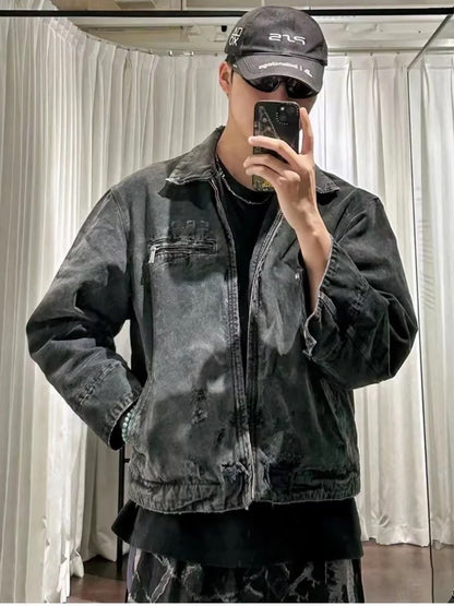 ERD Detroit Canvas Jacket Oversized Washed Denim Collar Zip Up Streetwear Coat Unisex Heavy Distressed | ERD Detroit