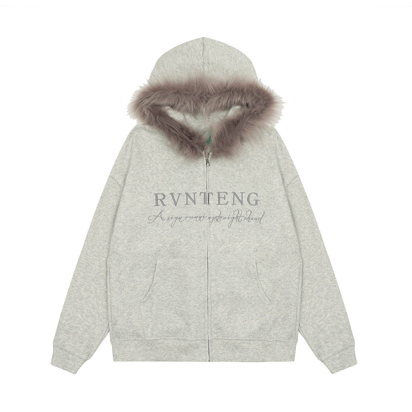 Women's RVNTENG Faux Fur Hood Fleece Lined Full Zip Hoodie - Grey Back View