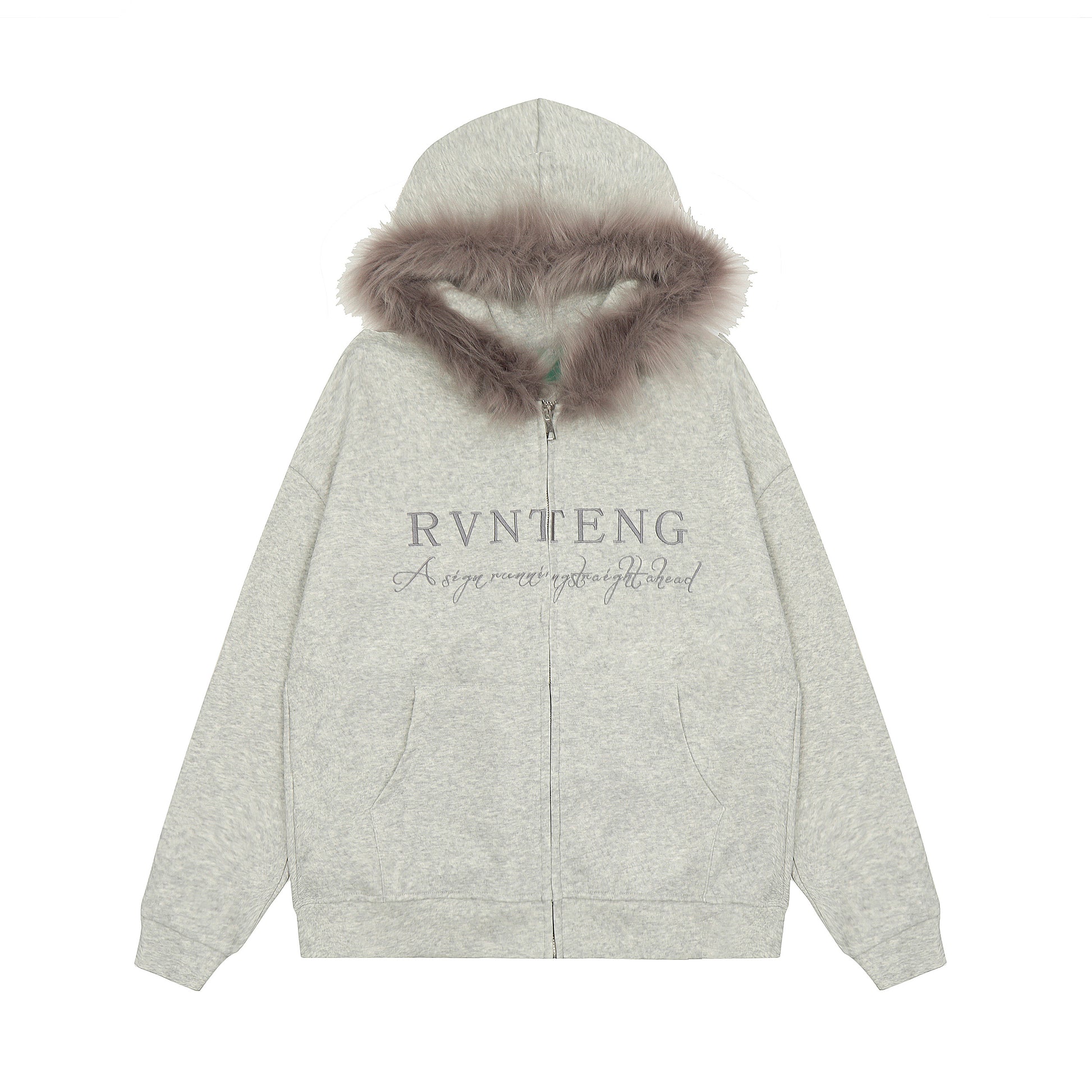 Women's RVNTENG Faux Fur Hood Fleece Lined Full Zip Hoodie - Grey Back View