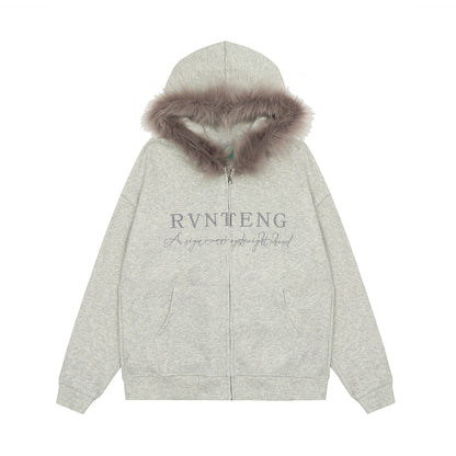 Women's RVNTENG Faux Fur Trim Hood Fleece Lined Full Zip Hoodie Sweatshirt Letter Print Oversized Warm Winter Jacket