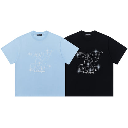 Don't Of Gem Rhinestone Script Oversized Tee Sparkle Stud Print Streetwear Short Sleeve T-Shirt