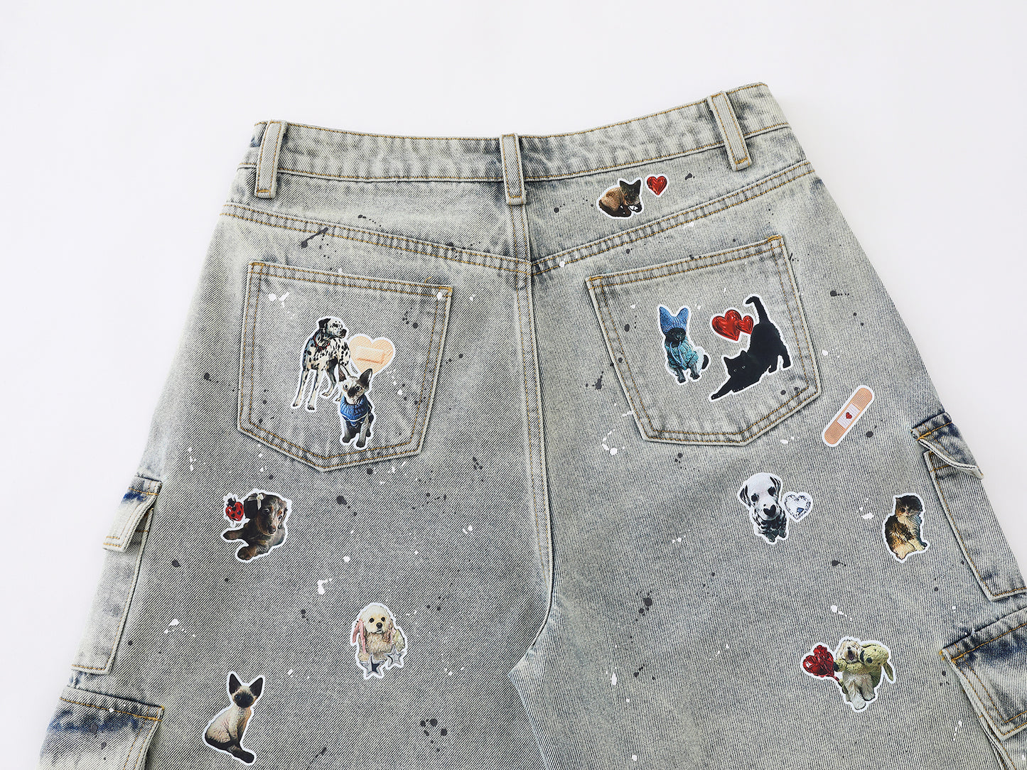 Dog Graphic Paint Splatter Cargo Denim Shorts Wide Leg High Waist Washed Multi-Pocket Streetwear Summer Casual Jean Shorts | Pup Cargo