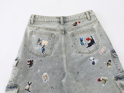 Dog Graphic Paint Splatter Cargo Denim Shorts Wide Leg High Waist Washed Multi-Pocket Streetwear Summer Casual Jean Shorts | Pup Cargo