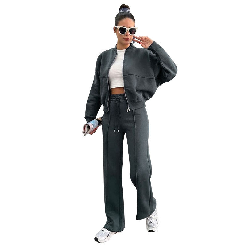 Women's Solid Zip Up Crop Jacket & Drawstring Waist Pants Two-piece Set, Casual Fashion Drop Shoulder Long Sleeve Top & High Waist Trousers Womenswear Suits for Outdoor Wear, Women's Clothing for Spring & Fall 90s Clothes - Seldom Seen Styles