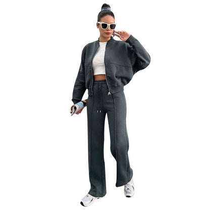 Women's Solid Zip Up Crop Jacket & Drawstring Waist Pants Two-piece Set, Casual Fashion Drop Shoulder Long Sleeve Top & High Waist Trousers Womenswear Suits for Outdoor Wear, Women's Clothing for Spring & Fall 90s Clothes