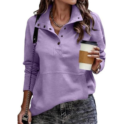 2025 Women's Fall Pullover Mockneck Button Down Ribbed Fit Lightweight Cozy Oversized Long Sleeve Sweatshirt Kangaroo Pocket for Everyday Wear