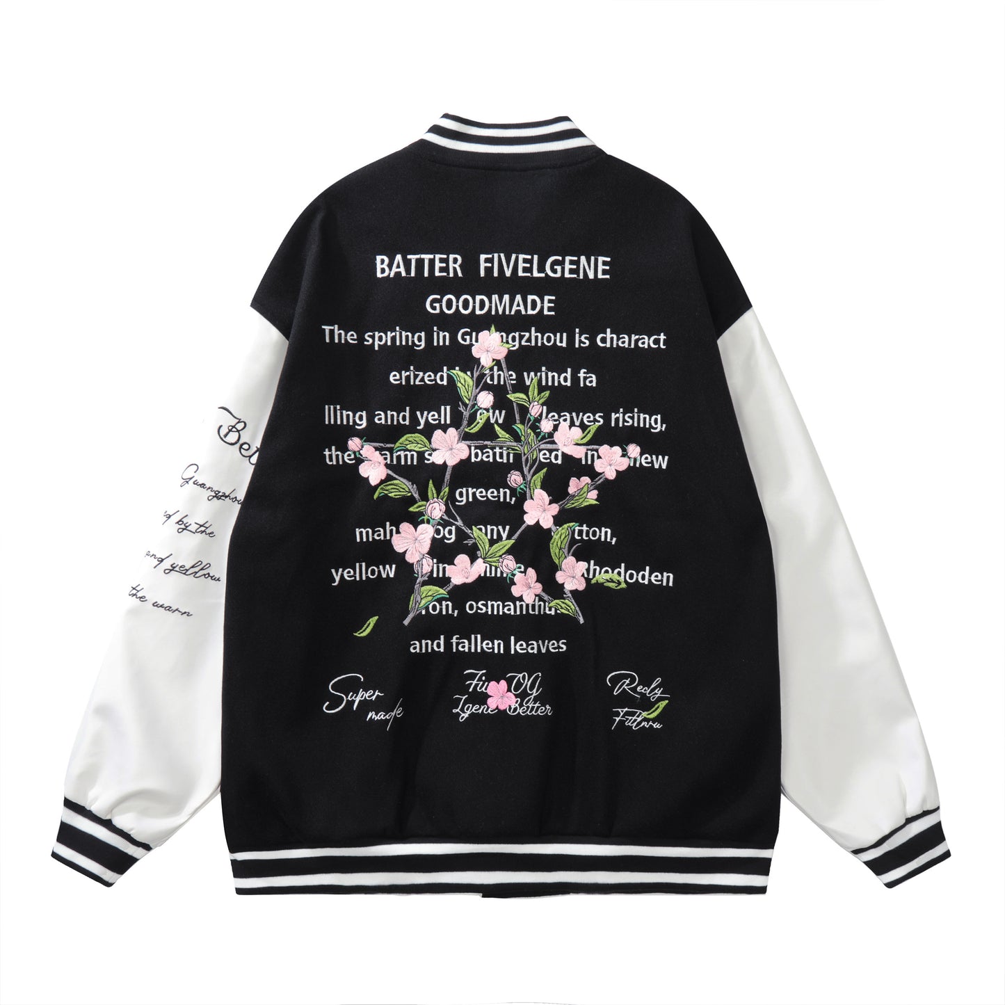 Black baseball jacket front FIVE floral embroidery FIVELGENE