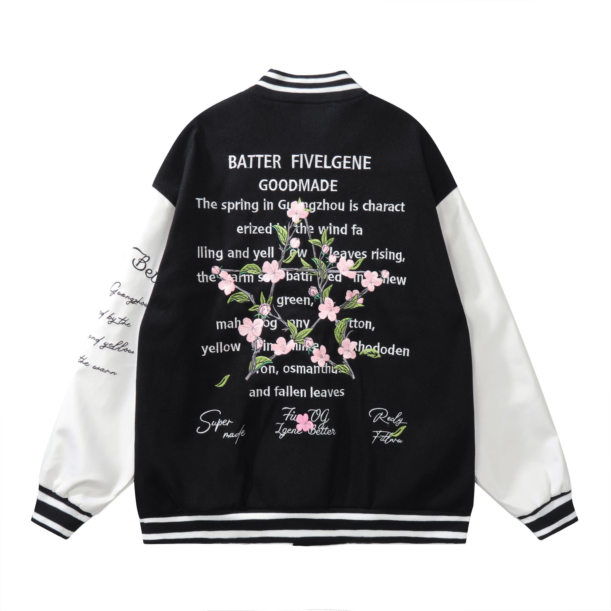 Black baseball jacket front FIVE floral embroidery FIVELGENE