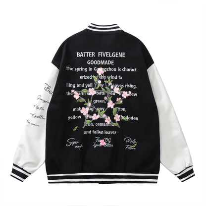 Oversized Floral Embroidery Baseball Jacket Snap Button Color Block Streetwear Casual Fall Outerwear