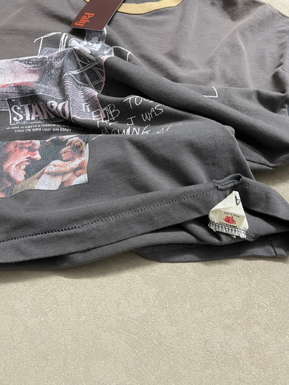 Paly Hollywood Star 80 Color Block Long Sleeve Tee Washed Distressed Vintage Movie Poster Print Contrast Sleeve Streetwear Top | Star 80