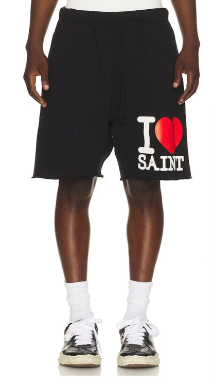 Saint Michael I Love Saint Print Shorts Oversized Cotton Terry Drawstring Raw Hem Streetwear Casual | Saint Love