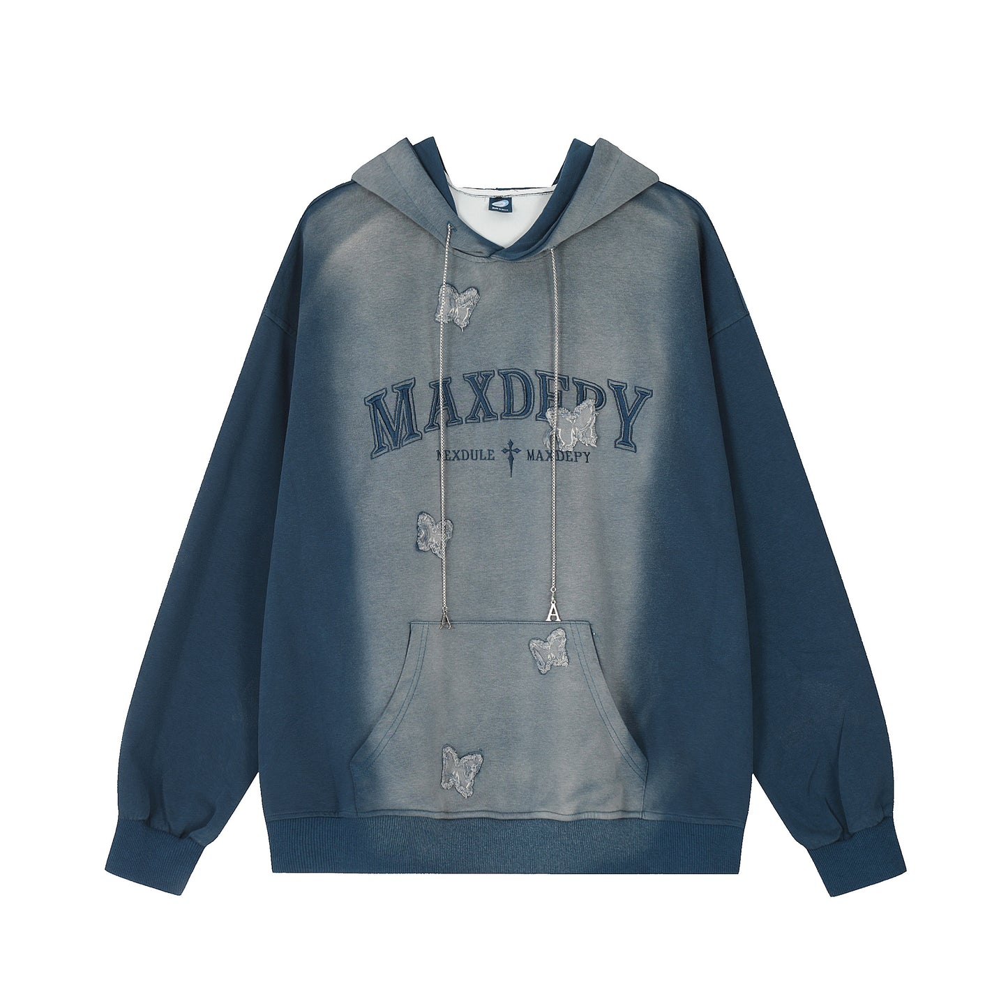 Butterfly Patch Embroidery Chain Drawstring Washed Hoodie Oversized Streetwear Y2K Grunge Casual Fall Winter Pullover Sweatshirt | Dusk Drift