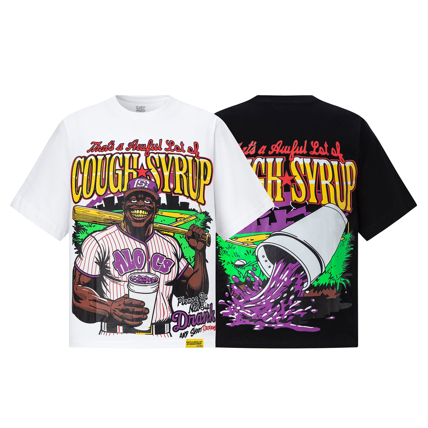 White oversized graphic T-shirt with colorful cough syrup and baseball player front print - view 17