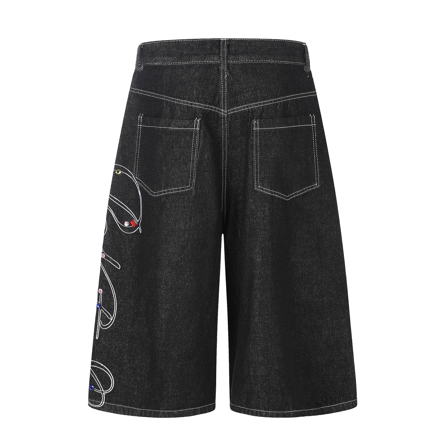 Women's Script Embroidery Rhinestone Wide Leg Denim Shorts High Waist Washed Casual Streetwear Jean Shorts