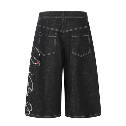 Women's Script Embroidery Rhinestone Wide Leg Denim Shorts High Waist Washed Casual Streetwear Jean Shorts