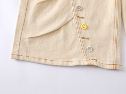 Colorful Button Embellished Wide Leg Denim Shorts Arc Seam Detail High Waist Casual Streetwear Baggy Jean Shorts | Button Row
