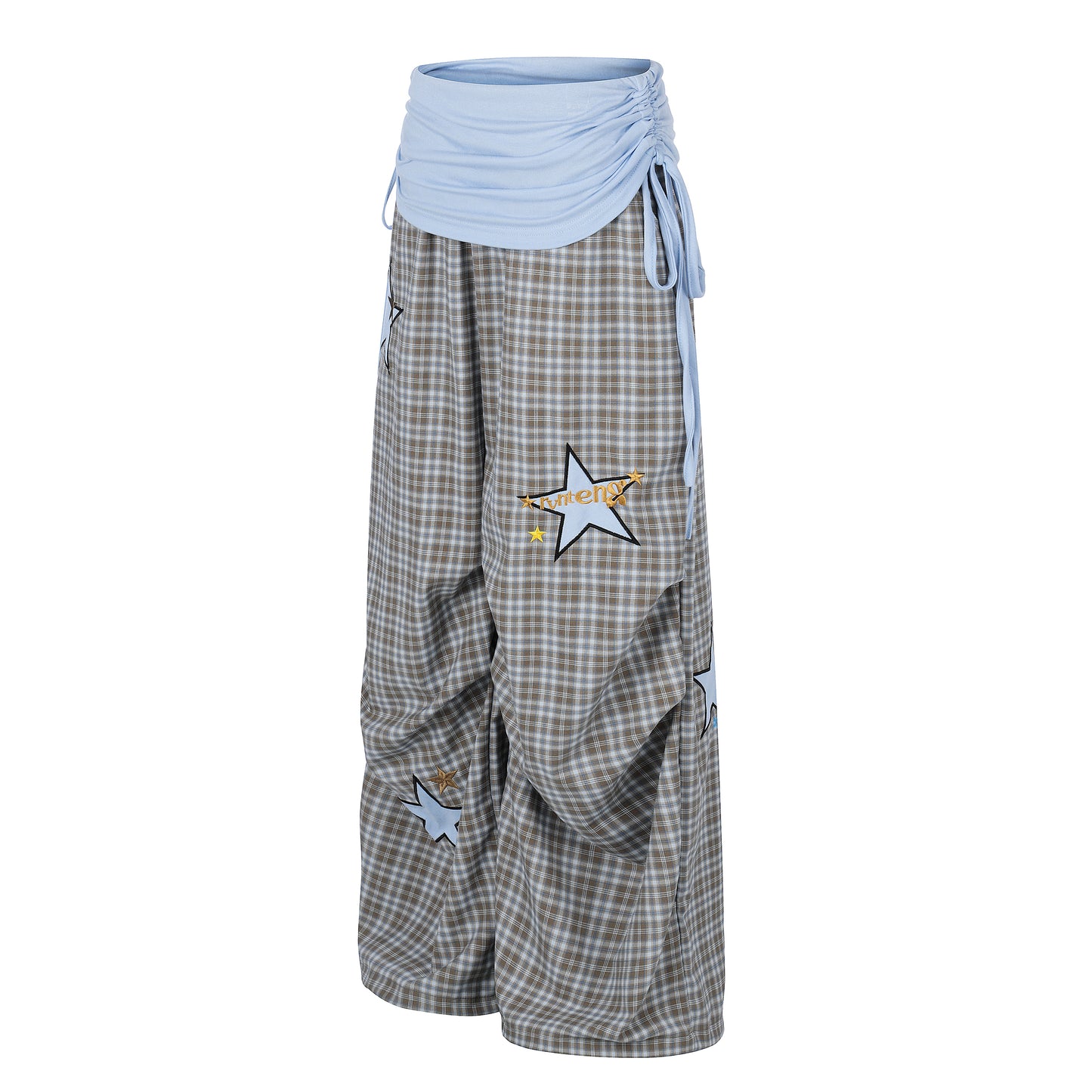 Women's Star Patch Plaid Wide Leg Pants - Yellow Front View 2