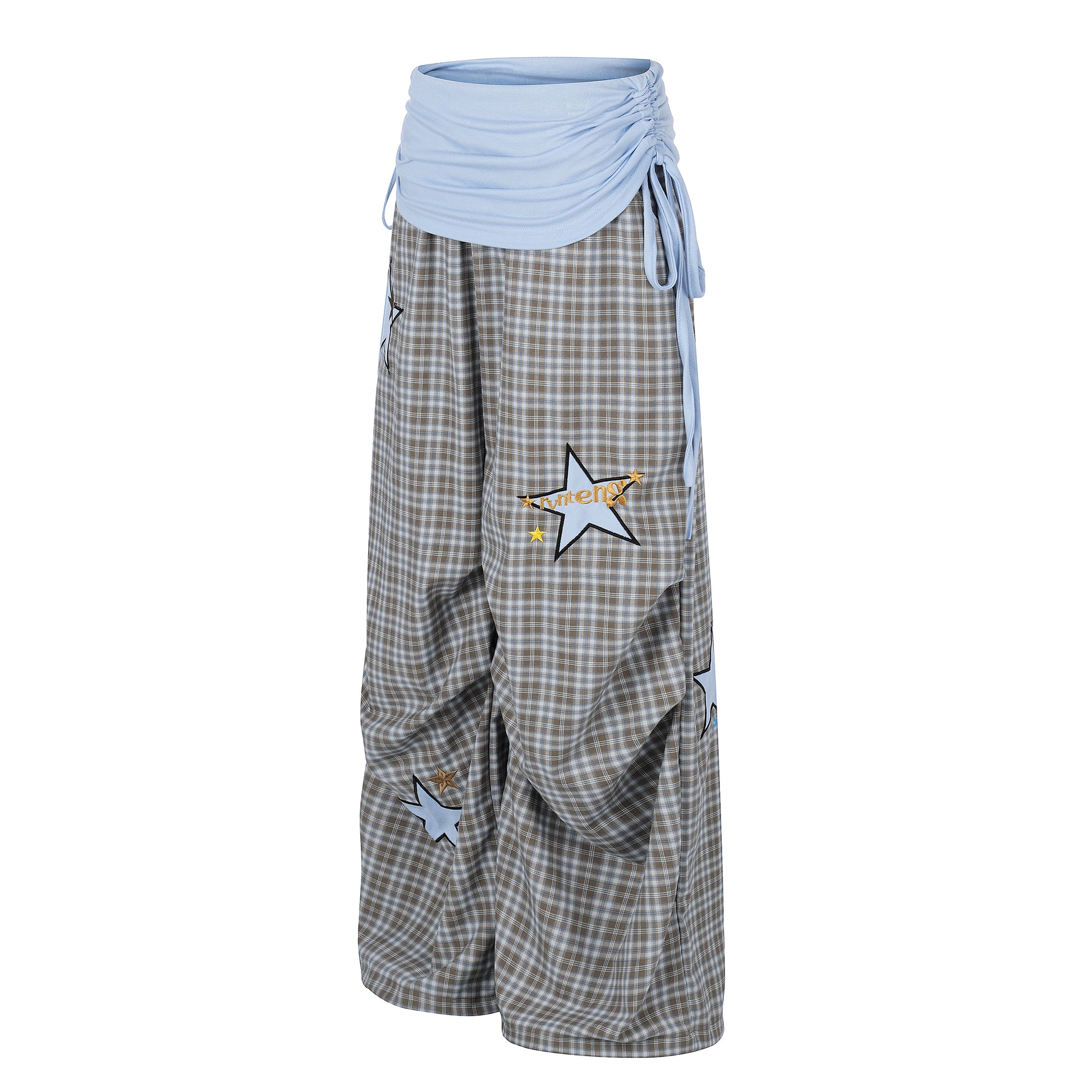 Women's Star Patch Plaid Wide Leg Pants - Yellow Front View 2
