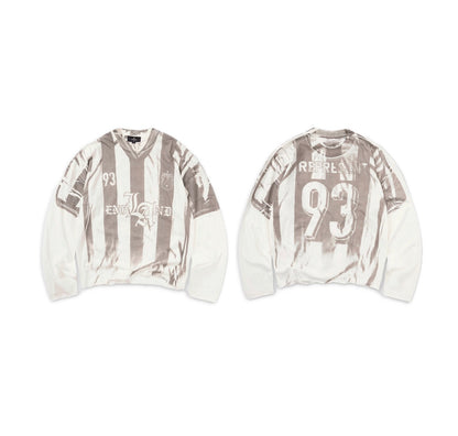 Represent England 93 Stripe Soccer Jersey Layered Long Sleeve Tee Washed Oversized Drop Shoulder Vintage Retro Streetwear Top | England 93