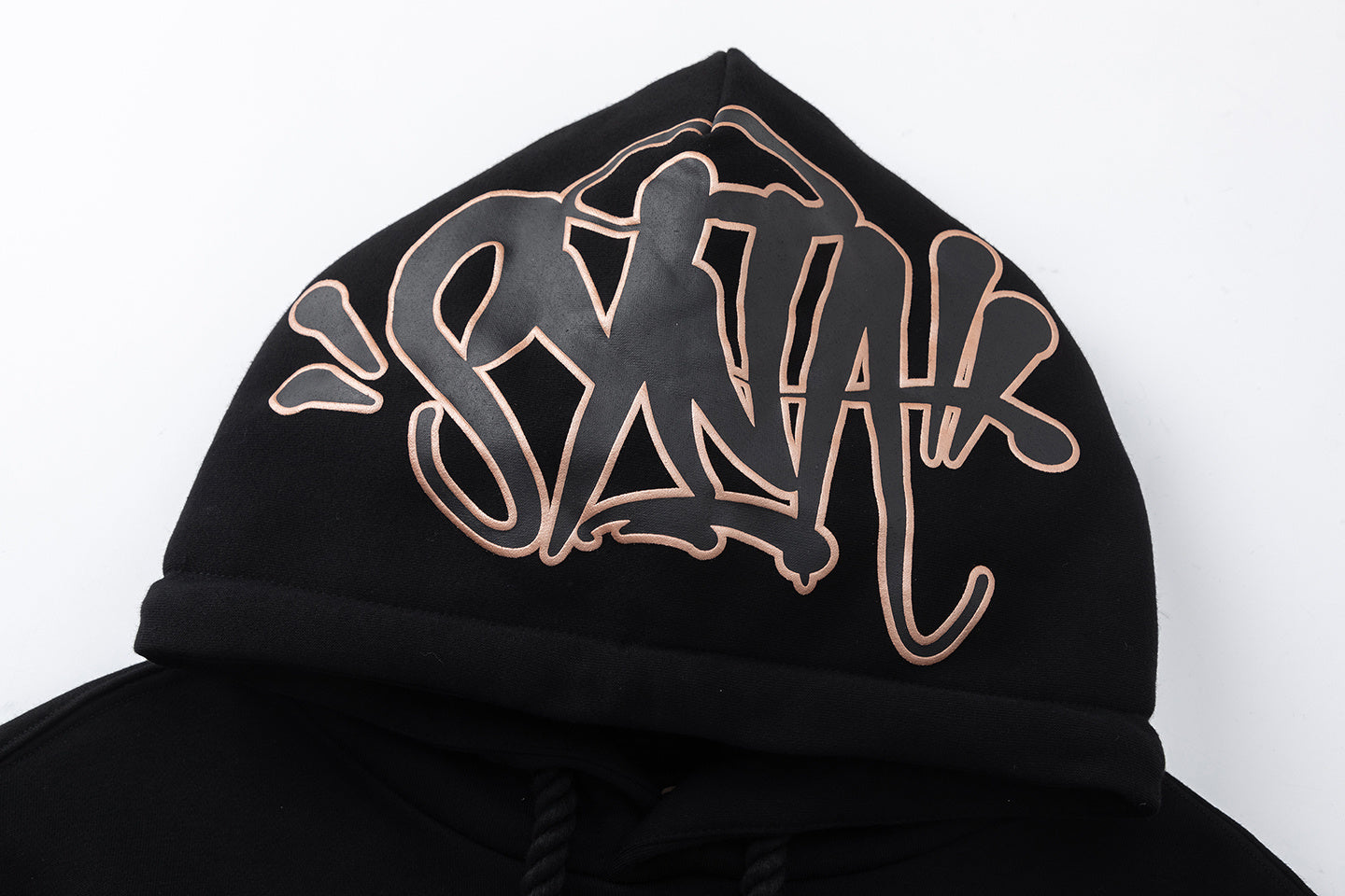 Black hooded sweatshirt and tapered jogger pants set with a graffiti-style hood graphic - view 17