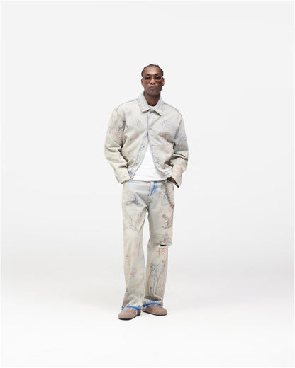 Represent Sketch Allover Print Wide Leg Jeans Heavy Washed Distressed Ripped Raw Hem Straight Denim | Rept Wide